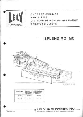 Lely Mower Splendimo 280 & 320 MC Parts Manual - 280MC 320MC