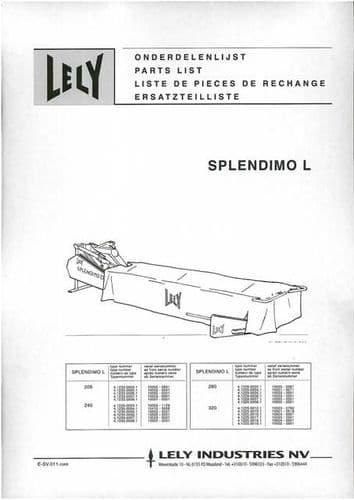 Lely Mower Splendimo L205 L240 L280 L320 Parts Manual