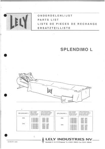 Lely Mower Splendimo L205 L240 L280 L320 Parts Manual - ORIGINAL