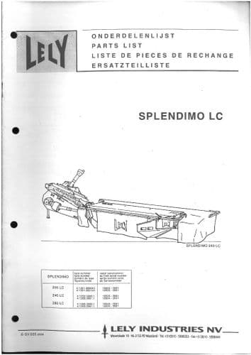 Lely Mower Splendimo LC 205 240 280 Parts Manual - 205LC 240LC 280LC