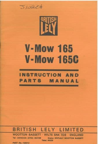 Lely Mower V-Mow 165 & V-Mow 165C Operators Manual with Parts List