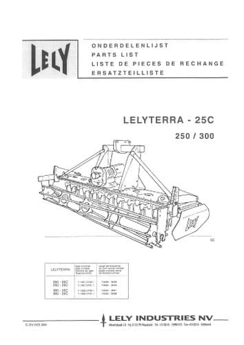 Lely Rotary Harrow Lelyterra 25C 250 300  Parts Manual