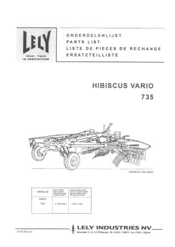 Lely Rotary Rake Hibiscus Vario 735 Parts Manual