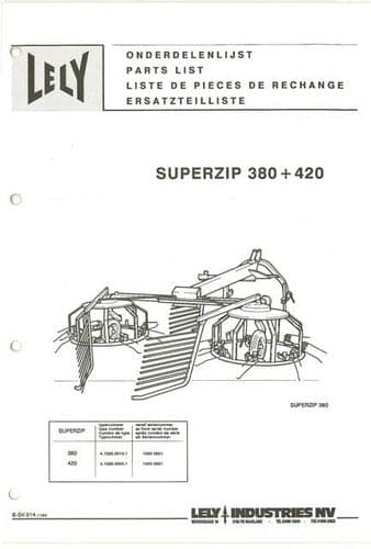 Lely Tedder Superzip 380 + 420 Parts Manual
