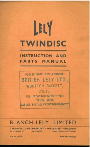 Lely Twin Disc Operators Manual with Parts List