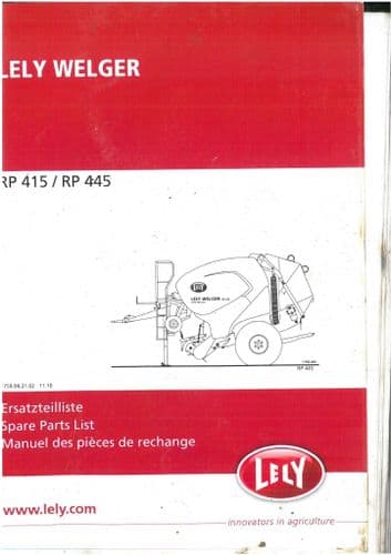 Lely Welger Round Baler RP415 RP445 Parts Manual - RP 415 445