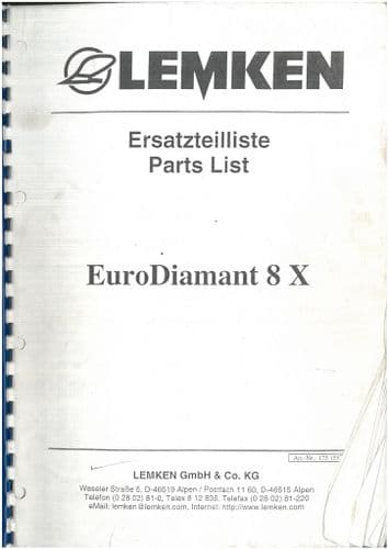Lemken Mounted  Plough  EuroDiamant 8X Parts Manual
