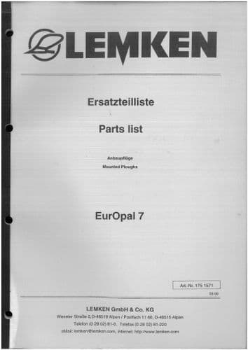 Lemken Mounted Plough EurOpal 7 Parts Manual