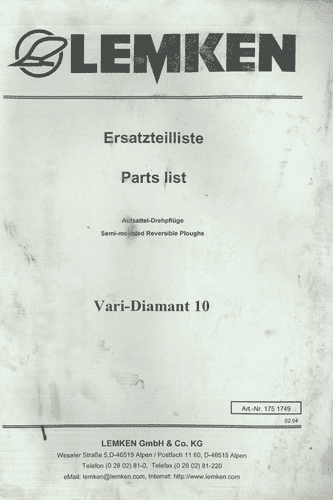 Lemken Mounted  Plough  Vari-Diamant 10 Parts Manual