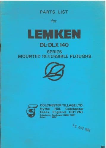 Lemken Mounted Reversible Plough DL140 & DLX140 Parts Manual - DL DLX 140