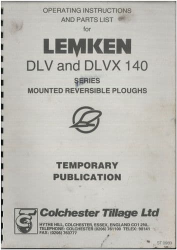 Lemken Mounted Reversible Ploughs DLV & DLVX 140 Operators Manual with Parts List
