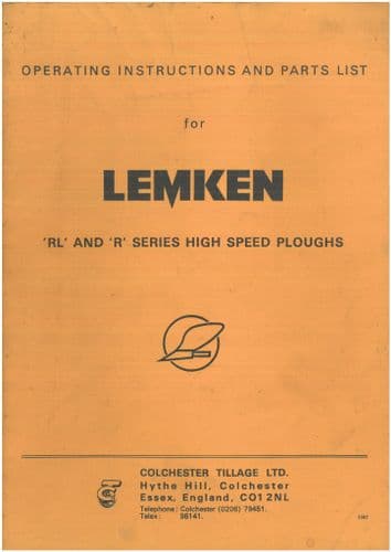 Lemken Mounted Reversible Ploughs R & RL Series Operators Manual with Parts List - ORIGINAL