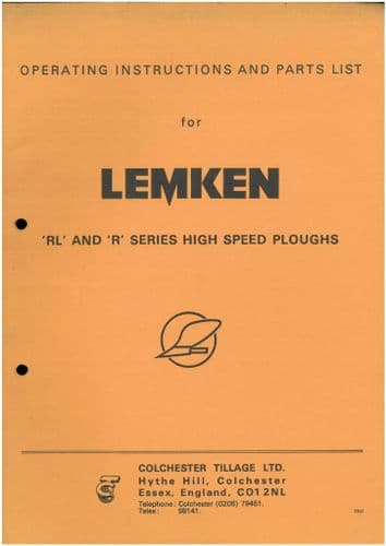 Lemken Mounted Reversible Ploughs R & RL Series Operators Manual with Parts List