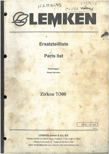 Lemken Power Harrow Zirkon 7/300 Parts Manual