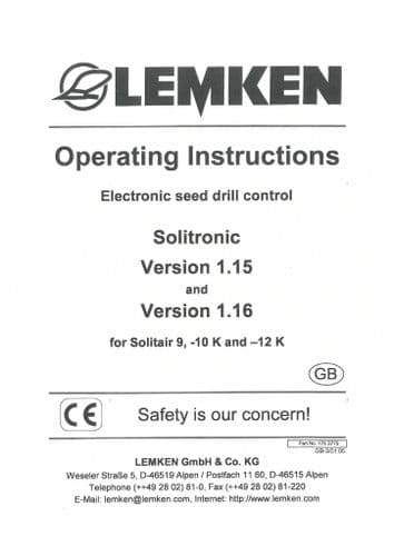 Lemken Seed Drill Solitronic 1.15 & 1.16 Operators Manual