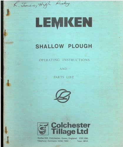Lemken Shallow Plough Operators Manual with Parts List