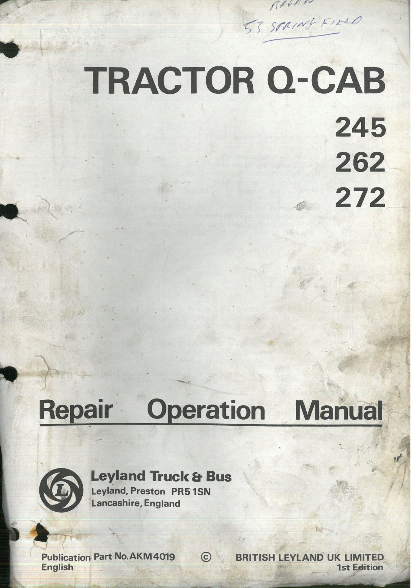 Leyland Tractor 245 262 272 Q-Cab Workshop Service Manual