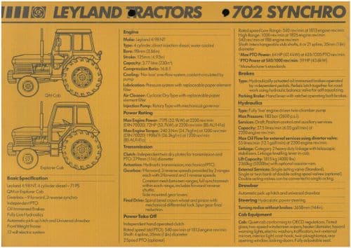 Leyland Tractor 702 Synchro Data Sheet