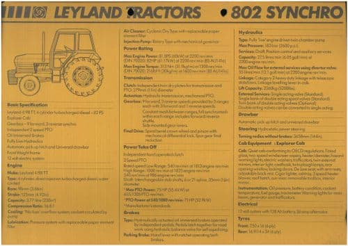 Leyland Tractor 802 Synchro Data Sheet
