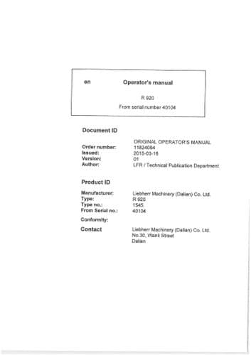 Liebherr Hydraulic Excavator R 920 Operators Manual