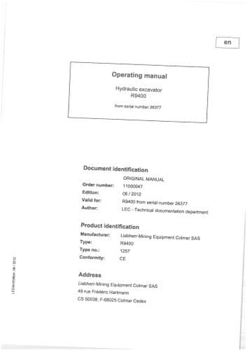 Liebherr Hydraulic Excavator R9400 Opeerators Manual - R 9400