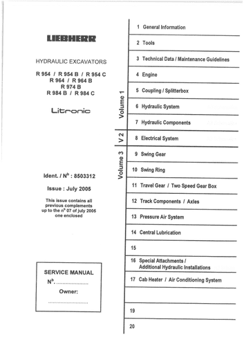 Liebherr Hydraulic Excavators R954 R954B R954C R964 R964B R974B R984B R984C Workshop Service Manual