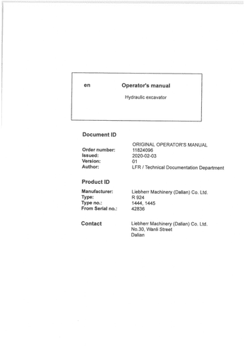 Liebherr Hydrualic Excavator R924 Operators Manual