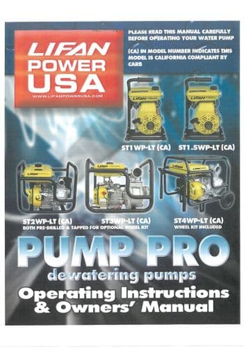 Lifan Power USA Pump Pro Dewatering Pumps ST1WP-LT ST1.5WP-LT ST2WP-LT ST3WP Operators Manual