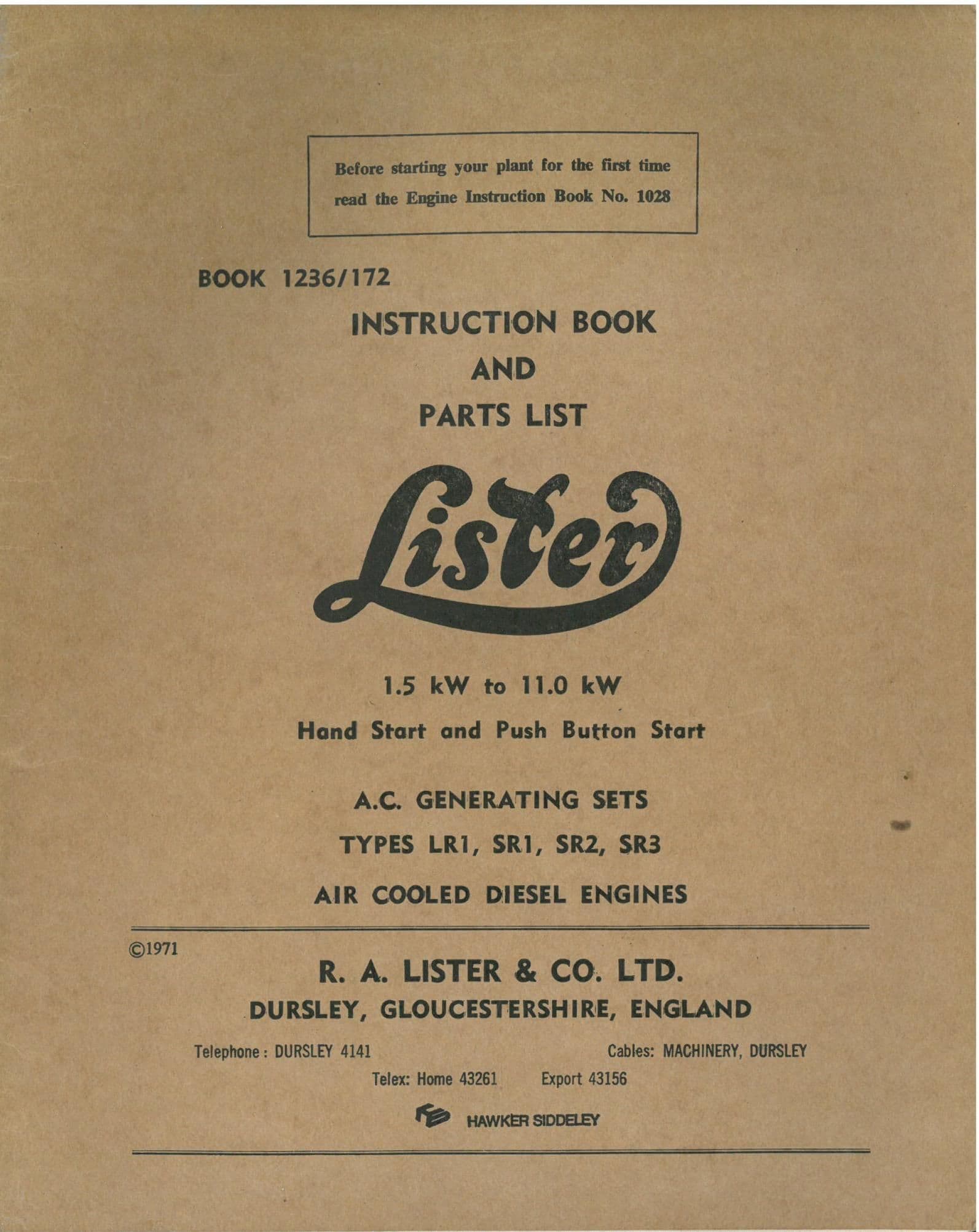 Lister A C Generating Sets for Engines LR1 SR1 SR2 SR3 Operators Manual