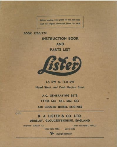 Lister A.C. Generating Sets for Engines LR1 SR1 SR2 SR3 Operators Manual with Parts List