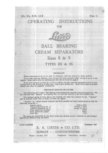 Lister Ball Bearing Cream Separator Sizes 8 & 9 Types RS & SS Operators Manual