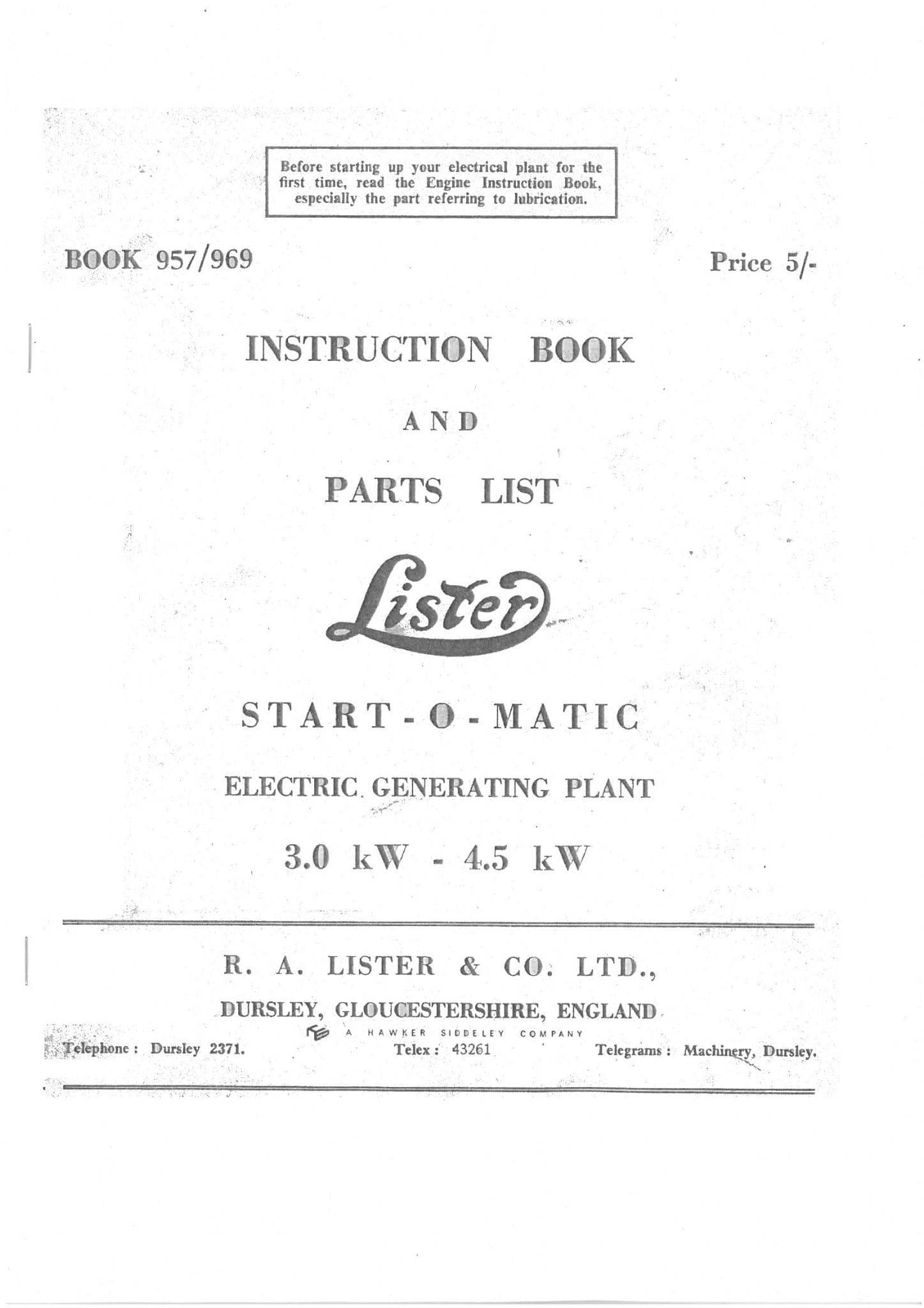 Lister CS 6/1 & 8/1 and VA Startomatic 3.0kw - 4.5kw Generator Set Operators Manual
