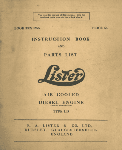 Lister Diesel Engine Air Cooled Types LD Operators Manual with Parts List
