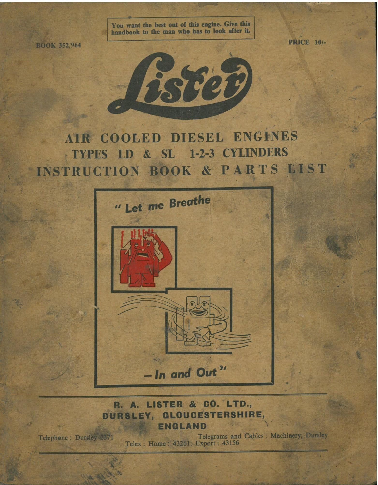 Lister Diesel Engine Air Cooled Types LD & SL 1-2-3 Cylinders Operators Manual with Parts List
