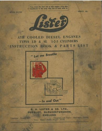Lister Diesel Engine Air Cooled Types LD & SL 1-2-3 Cylinders Operators Manual with Parts List
