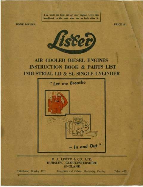 Lister Diesel Engine Air Cooled Types LD & SL Operators Manual with Parts List