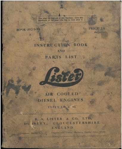 Lister Diesel Engine Air Cooled Types LD  & SL Operators Manual with Parts List