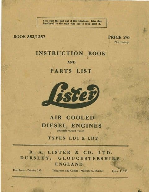Lister Diesel Engine Air Cooled Types LD1 & LD2 Operators Manual with Parts List