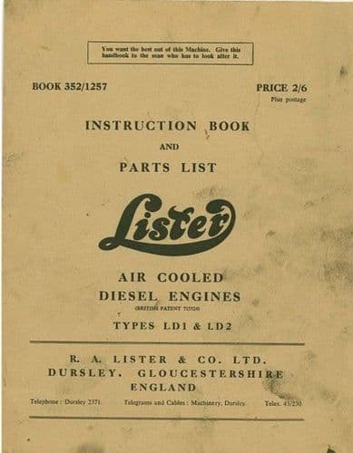 Lister Diesel Engine Air Cooled Types LD1 & LD2 Operators Manual with Parts List