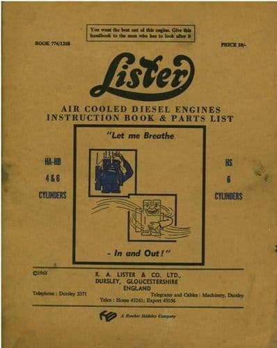 Lister Diesel Engine HA4 HA6 HB4 HB6  & HS6 Operators Manual with Parts List