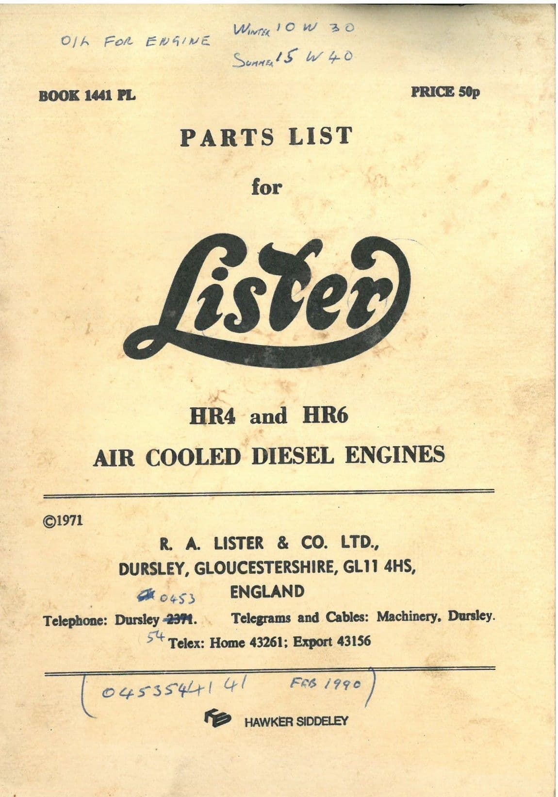 Lister Diesel Engine HR4 & HR6 Parts Manual