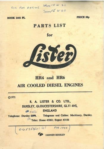 Lister Diesel Engine HR4 & HR6 Parts Manual