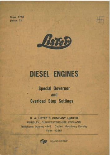 Lister Diesel Engine Special Governor Settings & Overload Stop Settings Manual