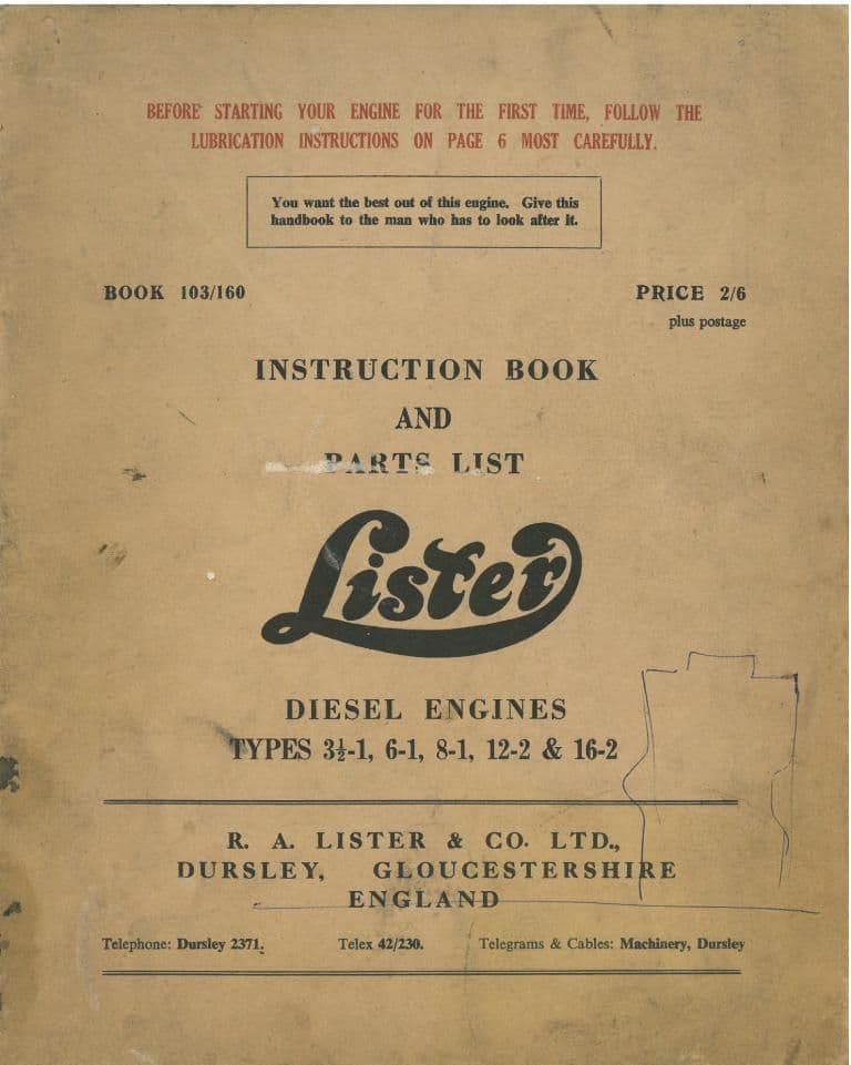 Lister Diesel Engine Types 3.5-1, 6-1, 8-1, 12-2 & 16-2 Operators Manual with Parts List