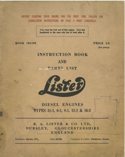 Lister Diesel Engine Types 3.5-1, 6-1, 8-1, 12-2 & 16-2 Operators Manual with Parts List