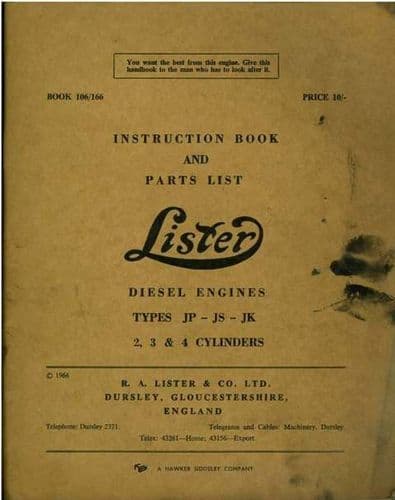 Lister Diesel Engine Types JP, JS & JK 2, 3 & 4 Cylinders Operators Manual with Parts List