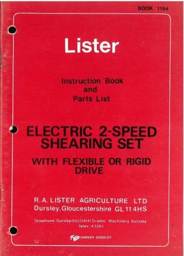 Lister Electric 2 - Speed Shearing Set (Flexible or Rigid Drive) Operators Manual & Parts List