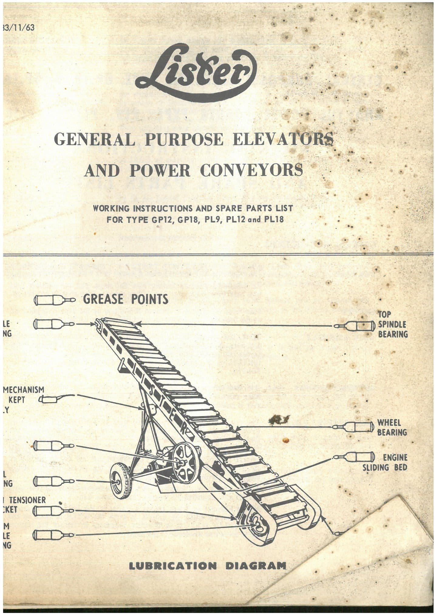 Lister Elevator and Power Conveyor GP12 GP18 PL9 PL12 PL18 Operators Manual with Parts List