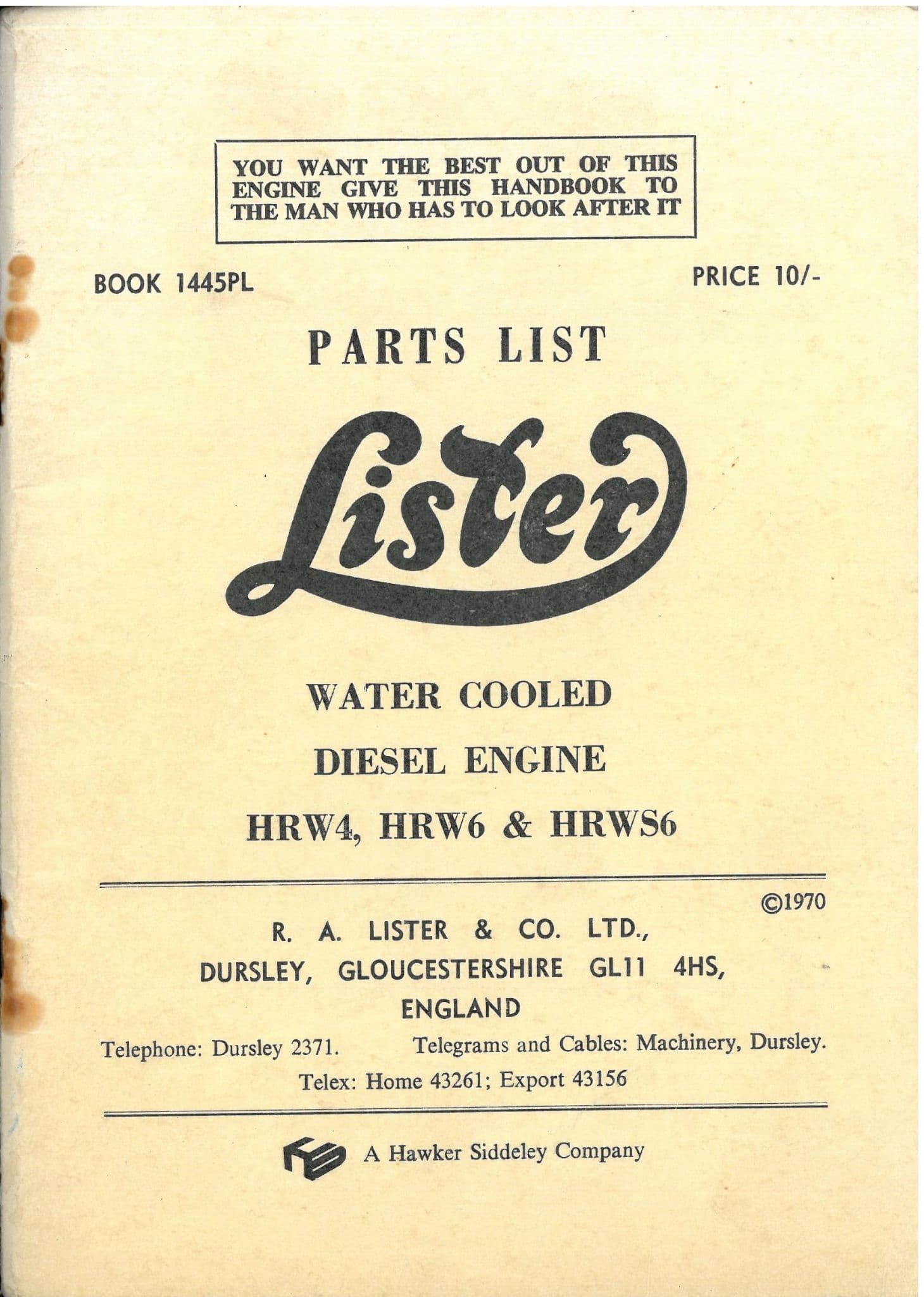 Lister Engine HRW4 HRW6 & HRWS6 Parts Manual ORIGINAL