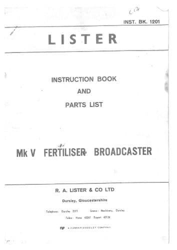 Lister Fertiliser Broadcaster MK V Operators & Parts Manual